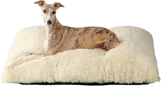 EHEYCIGA Fluffy Dog Crate Bed for Large Dogs, Plush Faux Fur Crate Pad, Calming Anti Anxiety Large Dog Bed, Washable Soft Warm Mat with Non-Slip Bottom, Ivory Beige