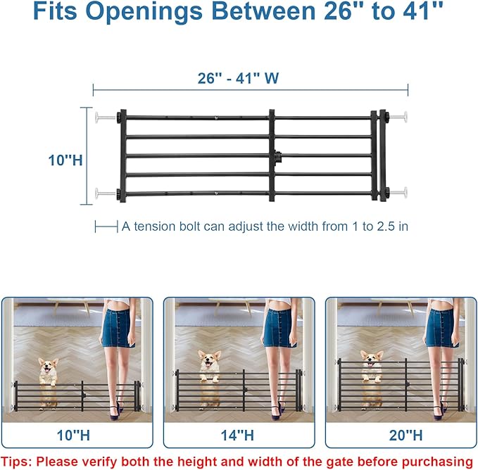 Malier Indoor Dog Gate with Door, 26-41" Extra Wide Full Metal Pet Gate Short Dog Gate for Stairs, Pressure Mount 10'' Tall Small Puppy Low Gate Easy Step Over for Doorways
