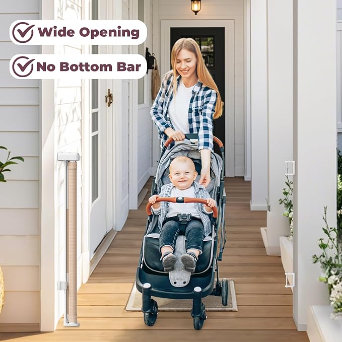 76" Retractable Baby Gates Extra Wide, Mesh Long Dog Gate for Wide Openings, Indoor Outdoor Stair Gate for Doorways Hallways Deck Porch, Child Pet Safety Essentials for Home, Beige