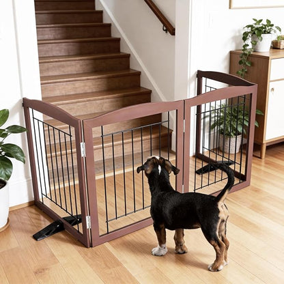 ZJSF Freestanding Dog Fence Indoor, Foldable Dog Gate for Doorways, Stairs or Hallways, Sturdy Wood Extra Wide Pet Gate with Support Feet for The House, Brown, 32 "Height-6 Panels