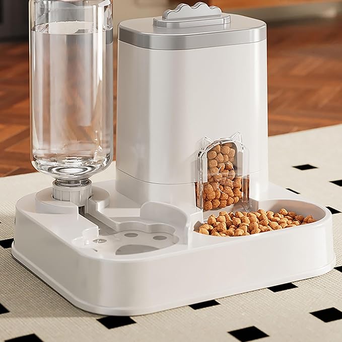 Automatic Dog Cat Feeder and Water Dispenser Combo, 10L Large Capacity Pet Food and Water Station with Integrated Bowl for Multiple Pets (Gray)