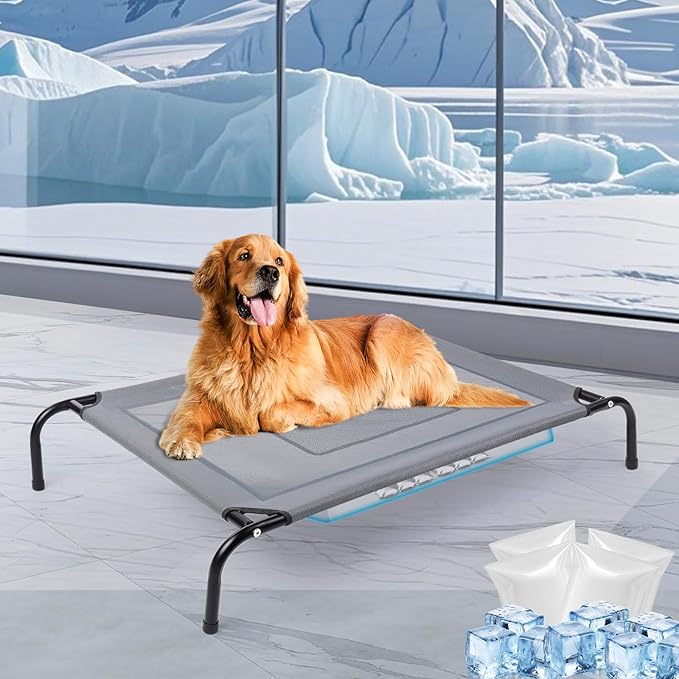 42'' Outdoor Elevated Dog Bed with Four Ice Pack, Raised Dogs Bed Medium Large Size Dogs, Breathable Cooling Dog Cot Beds with Six Support Feet, Outdoor Dog Hammock Bed, Outside Pet Bed(Medium)