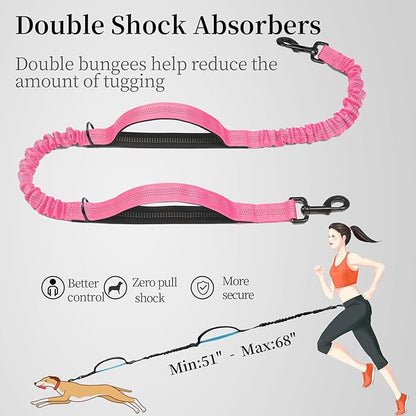 iYoShop Hands Free Dog Leash with Zipper Pouch, Dual Padded Handles and Durable Bungee for Walking, Jogging and Running Your Dog (Large, 25-120 lbs, Pink)