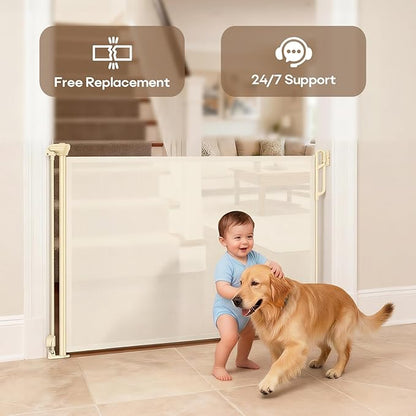 SPACEANY Retractable Safety Baby Gate or Mesh Dog Gate,Durable Portable Mesh Retractable Gate,Easy to Use for Stairs, Doorways, Hallways, Indoor, Outdoor, 33.5" Tall, Up to 45" Wide, Cream