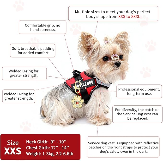 Service Dog Vest, ID Tag 50 ADA Information Cards, Service Dog Harness w Patch in Sizes XX Small to XXX Large, Metal Dog Tag has Ruggedized Clip, Service Animal Cards, ESA Accessory Set XX-Small