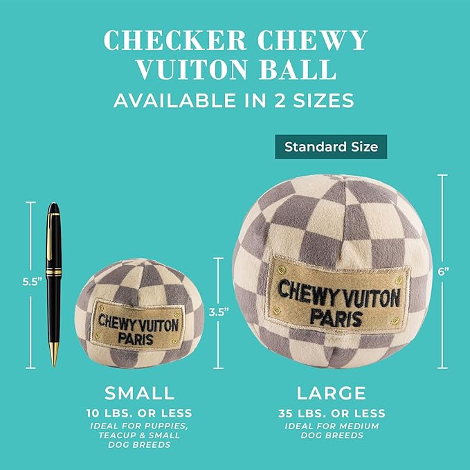 Haute Diggity Dog Chewy Vuiton Ball Plush Squeaky Dog Toy, Soft Durable Designer-Inspired Stuffed Puppy Chew Toys for Small & Medium Dogs, Machine-Washable (Tan Checker) Small