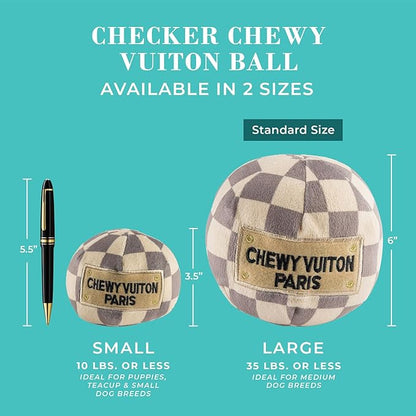 Haute Diggity Dog Chewy Vuiton Ball Plush Squeaky Dog Toy, Soft Durable Designer-Inspired Stuffed Puppy Chew Toys for Small & Medium Dogs, Machine-Washable (Tan Checker) Large