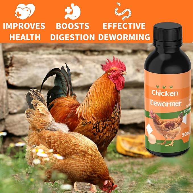 Chicken Dewormer Liquid for Poultry, Deworming Support for Backyard Chickens, Hens & Roosters, 50 mL