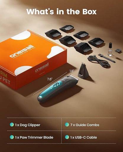 oneisall LED Light Dog Trimmer Clippers, Cordless Dog Grooming Kit 2 in 1, 2000mAh Pet Grooming Clippers Paw Trimmer for Paw, Face, Ears, Legs, Body