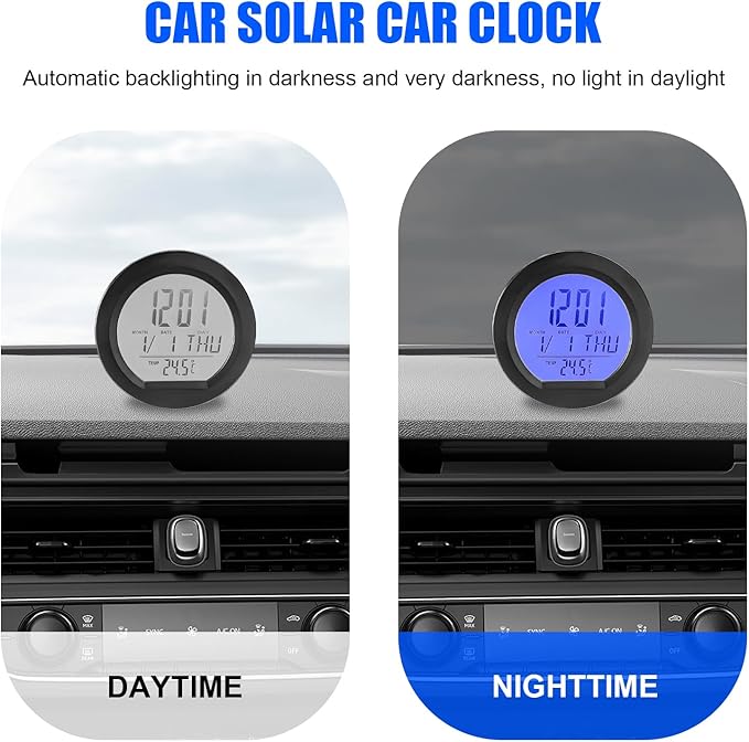 Car Digital Thermometer Clock, Dashboard Adhesive LCD Display Watch with Automatic Backlight at Night, Fahrenheit Temperature Display 24 Hour Format Time Clock for Car Home Office
