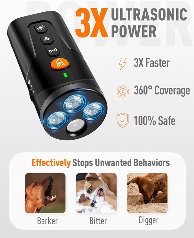 Dog Bark Deterrent Devices, 3X Ultrasonic Anti Barking Device for Dogs, 4 Modes with 3 Emitters and LED Light to Stop Neighbors Dog from Barking, Safe Use Dog Barking Silencer for Indoor Outdoor