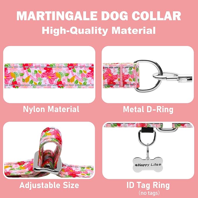 Reflective Martingale Collar for Dogs Nylon Training Collar with No Buckle Cute Floral No Pull Dog Collar for Large Dogs（Pink Flower，L）