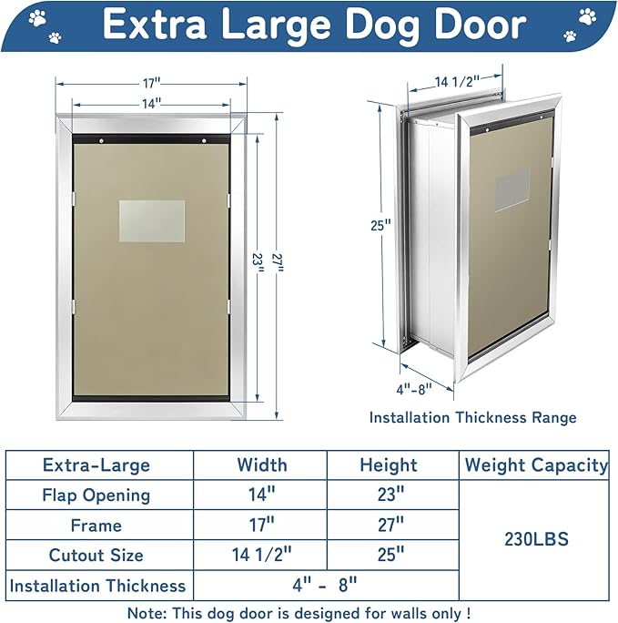Extra Large Dog Door for Wall, XL Dog Door with 2 Self-Closing Insulated Flaps for Extreme Weather, Heavy Duty Aluminum XXL Dogs Doors with Telescoping Tunnel, Pets Up to 230LBS, X-Large, Sliver