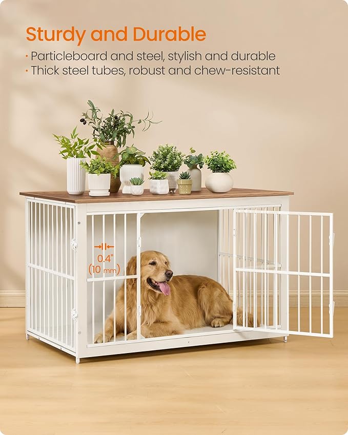 Feandrea Wooden Dog Crate Furniture, 48 Inches Heavy-Duty Kennel for Dogs up to 110 lb, with Double Doors and Enclosed Wood Base, Modern Pet Cage End Table Indoor, Rustic White and Honey Brown