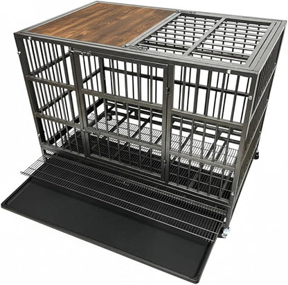 BOLDBONE 38" Furniture Dog Crate for Large Dogs, Heavy Duty Dog Kennel Indoor with Removable Crate Trays, Wheels and Stylish Wooden Top, Extra Large XL XXL Dog Cage, Woodtoop