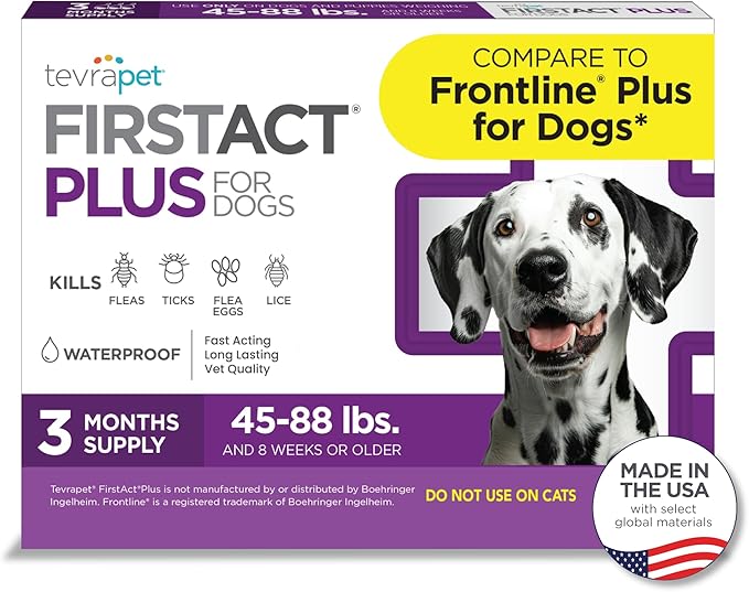 TevraPet FirstAct Plus Flea and Tick Topical for Dogs 45-88 Pounds, 3 Applicators