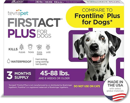 TevraPet FirstAct Plus Flea and Tick Topical for Dogs 45-88 Pounds, 3 Applicators
