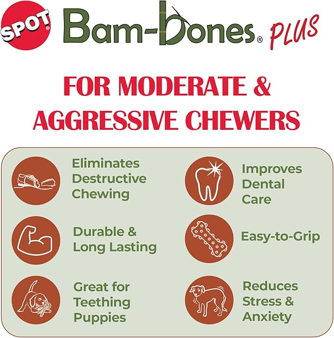 SPOT Bam-Bones Plus T-Bone, Bamboo Fiber & Nylon Dog Chew, Durable for Aggressive Chewers, Non-Splintering, for Adult Dogs & Teething Puppies Under 30lbs, 4in, Chicken Flavor