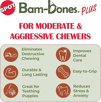 SPOT Bam-Bones Plus T-Bone, Bamboo Fiber & Nylon Dog Chew, Durable for Aggressive Chewers, Non-Splintering, for Adult Dogs & Teething Puppies Under 30lbs, 4in, Chicken Flavor