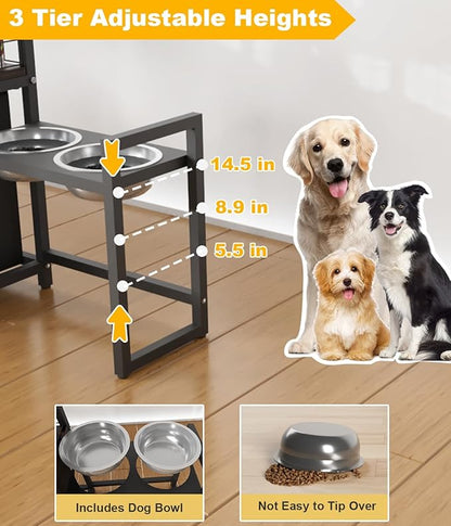 30.6Long x 26.2 High Elevated Dog Bowl Stand with Pet Food Storage Organizer, Adjustable Raised Feeding Station with Toy Basket for Large Medium Small Dogs and Cats, Black