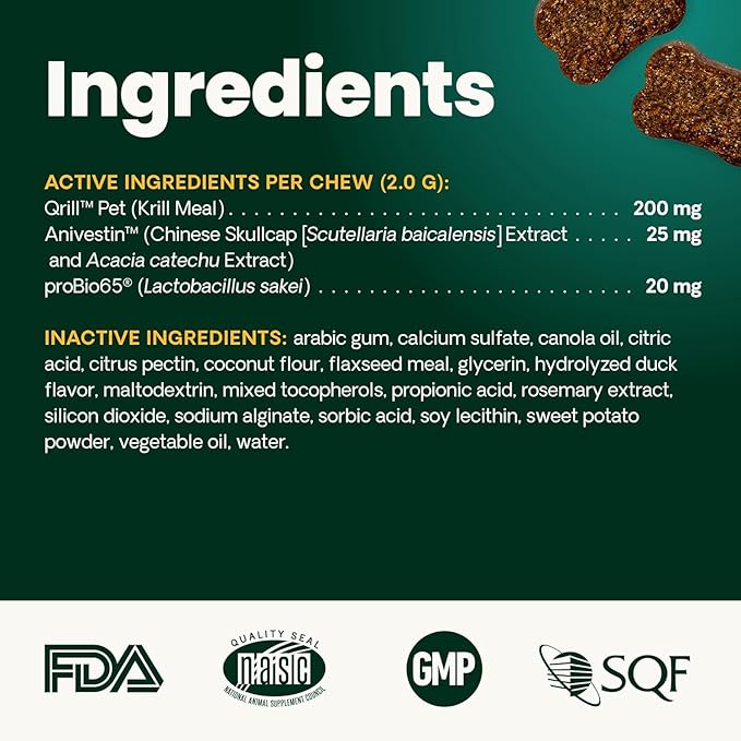 VetriScience Allergy & Itch Support Chews, Skin Supplement for Dogs, Itching, Scratching, and Licking, Support Immune Health, Duck, 75 Count