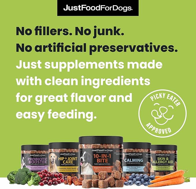 JustFoodForDogs Skin & Allergy Supplement for Dogs, Human Grade Dog Supplements, Skin & Coat Support, Multivitamin Soft Chews, Omega 3 Oil, Superfood Blend, Plant Based Dog Vitamins - 45 Count