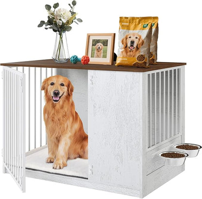 TBWIND Dog Crate Furniture for Large Dogs, 36" Indoor Wooden Dog Kennel with 270° Swivel Door & 360° Rotating Feeder, Decorative Heavy Duty Dog House with Double Locks & Bowls, White