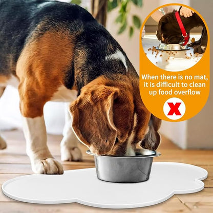 Ptlom Pet Placemat for Dogs and Cats, Non-Slip Waterproof Dog Feeding Mats Prevent Food and Water Overflow, Puppy Bowl Mat Suitable for Small, Medium and Large Pets, Silicone, White