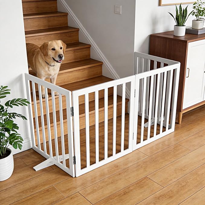 ZJSF Freestanding Indoor Dog Gate for House Foldable Wood White Puppy Gate for Doorways Pet Gate for Stairs Extra Wide Pet Fence 32" Height 2 Panels