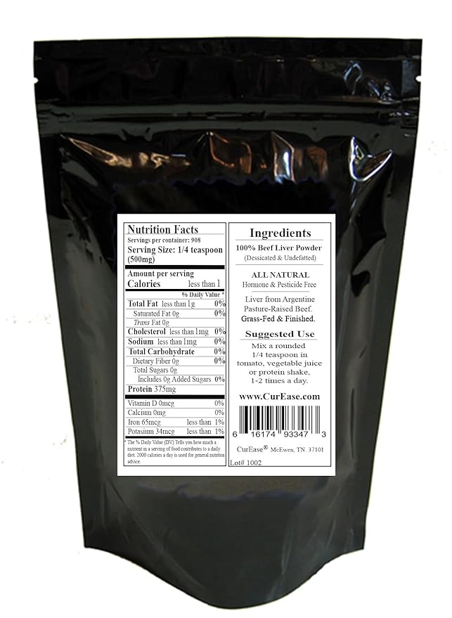 CurEase Argentine Grass Feed Beef Liver Powder Undefatted Desiccated (dried) Pesticide and Hormone Free 1lb One Pound (453grams) 908 Servings