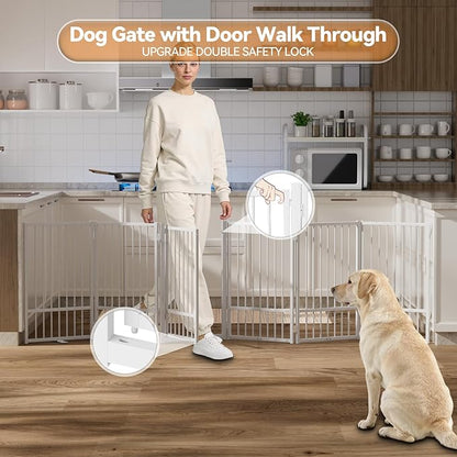 SNUOWU Full Metal Freestanding Dog Gate with Door, 32''Height Foldable Pet Dog Fence for Indoor & Outdoor, 6 Panels Extra Wide Free Standing TallDog Gates for Doorways,House,Stairs,Porch,Deck,Yard