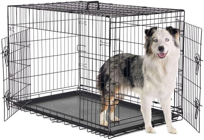 Dog Crate Kennel, 42 Inch Metal Pet Cage Double Door W/Divider Panel, Folding Travel Indoor Outdoor Dog Kennel Leak-Proof Plastic Tray Wire Animal Cage