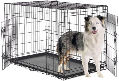 Dog Crate Kennel, 42 Inch Metal Pet Cage Double Door W/Divider Panel, Folding Travel Indoor Outdoor Dog Kennel Leak-Proof Plastic Tray Wire Animal Cage