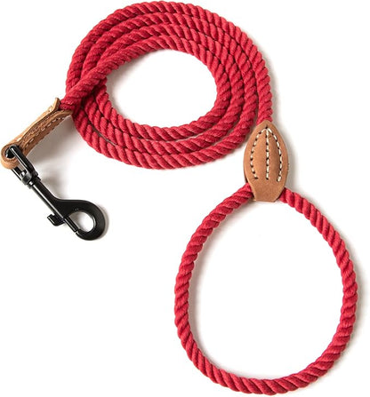 Mile High Life Dog Leash, Braided Cotton Rope Leashes with Leather Tip - Heavy Duty Metal Clasp, 4FT, 1/3" Thick - Wedding, Walking Leash for Small Medium Puppy(Red)