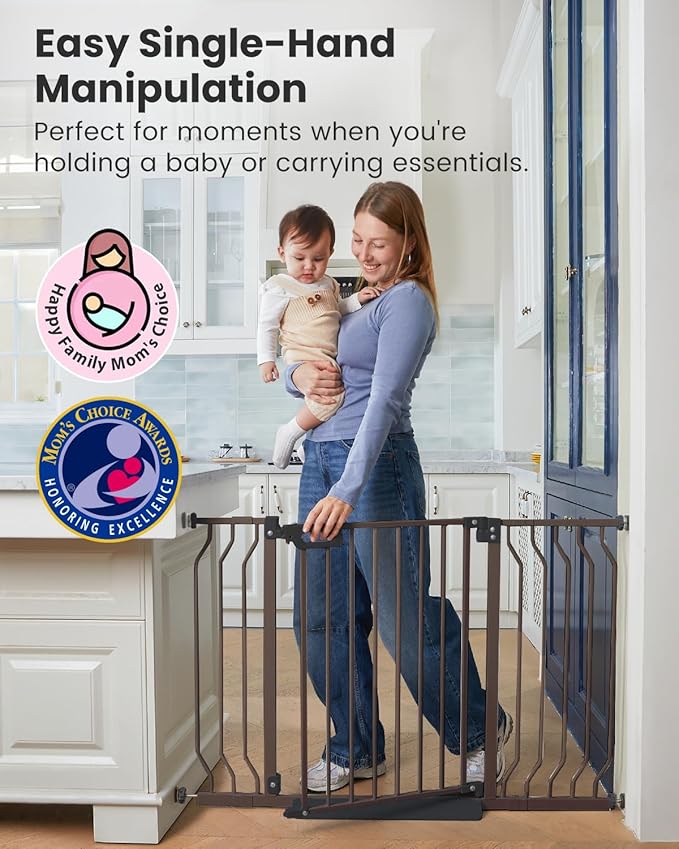Mom's Choice-GROWNSY Baby Gate for Stairs, 30.5"-48.4" Pressure Mounted Baby Gate for Top of Stair&Doorway with V-Shaped Rods, Anti-Trip Pedal,Wide Stairs Dog Gate Easy Install w/Red Reminder,Brown