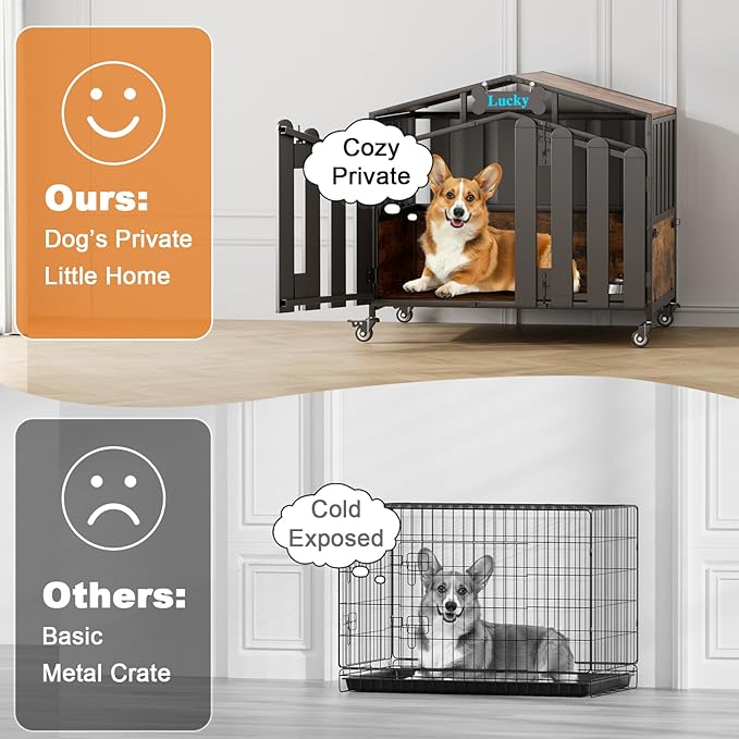 EasyCom 31" Heavy Duty Dog Crate Furniture, Dogs Kennel Indoor with 360° Wheels, Decorative Dog Crates for Small Dogs, Wooden Dog Cage with Feeding Window and Name Tag, Dog House, Rustic Brown