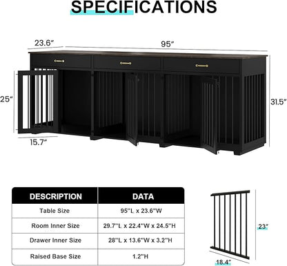 Dog Crate Furniture - Indoor Wooden Dog Kennel Crate Furniture with 2 Dividers, 3 Drawers, and 3 Lockable Doors, 95"x23.6"x31.5"H, Black