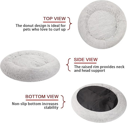 Bedfolks Calming Donut Dog Bed, 23 Inches Round Fluffy Dog Beds for Small Dogs, Machine Washable Anti-Anxiety Plush Puppy Bed（Light Grey, Small）
