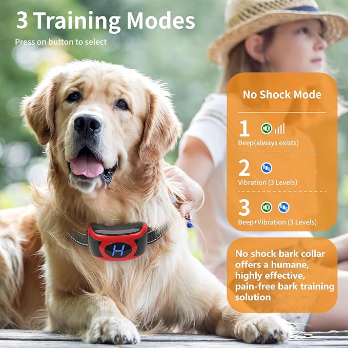 2 Pack No Shock Vibration Bark Collar for Large & Medium Dogs - Safe & Humane Dog Bark Collar with Beep & Vibration, 3 Adjustable Sensitivity Levels, 100% IPX7 Waterproof Dog Training Collar