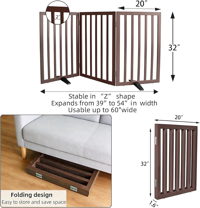 ZJSF Freestanding Indoor Dog Gate for House Foldable Wood Puppy Gate for Doorways Pet Gate for Stairs Extra Wide Pet Fence, Brown, 32" Height 3 Panels
