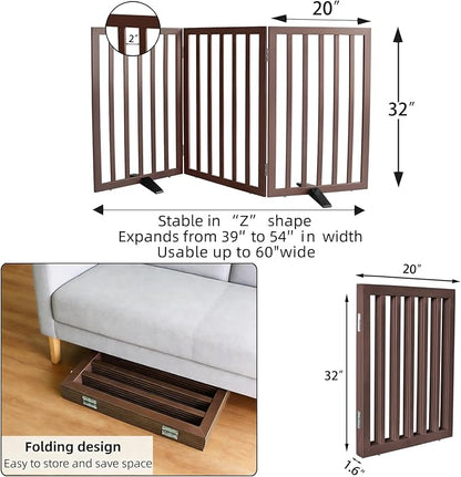 ZJSF Freestanding Indoor Dog Gate for House Foldable Wood Puppy Gate for Doorways Pet Gate for Stairs Extra Wide Pet Fence, Brown, 32" Height 3 Panels