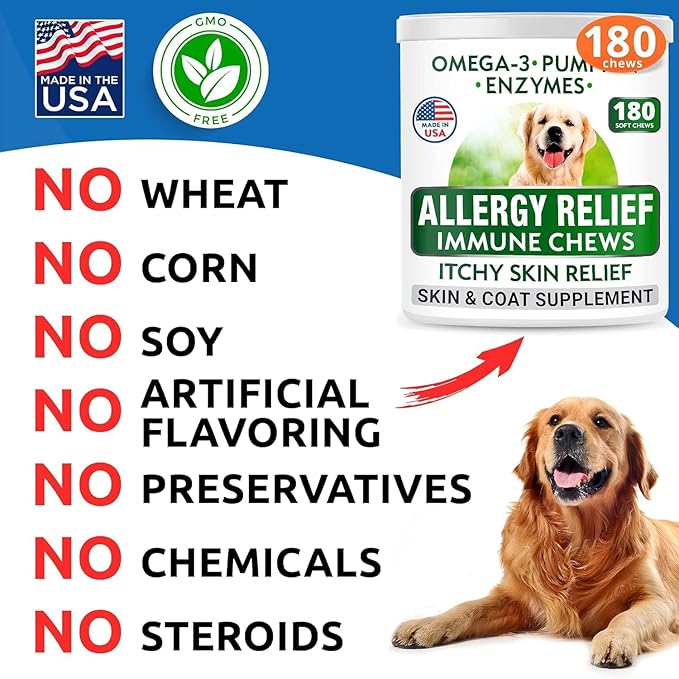 BARK&SPARK Dog Allergy Relief Soft Chews for Skin Health & Seasonal Allergies - Anti-Itch Supplement w/Omega-3, Quercetin & Bromelain Immune Treats for Dry Skin & Hot Spots - Chicken Liver - 180ct