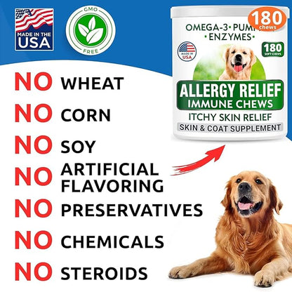 BARK&SPARK Dog Allergy Relief Soft Chews for Skin Health & Seasonal Allergies - Anti-Itch Supplement w/Omega-3, Quercetin & Bromelain Immune Treats for Dry Skin & Hot Spots - Chicken Liver - 180ct