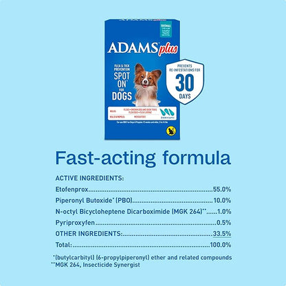 ADAMS Plus Flea & Tick Prevention Spot On for Dogs, Toy/Small Dog, Kills Fleas & Ticks (Brown Dog/Deer Ticks), Kills and Repels Mosquitoes, Prevents Flea Infestations, 3-Month Supply, 3 Pack