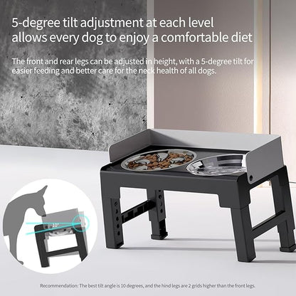 PAKEWAY Elevated Dog Bowls, Spill Proof, Tiltable Pet Feeder with 1 Stainless Steel Bowl &1 Stainless Steel Slow Feeder Bowl, 6 Height Adjustable Raised Dog Bowls Stand for Medium Large Dogs