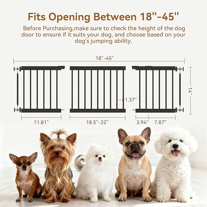 Dog Gate Indoor,18"-45" Adjustable Extra Wide Metal Short Dog Gate to Step Over, 14" Tall Small Pet Gate with 3 Extension Kits, Pressure Mounted for Doorways & Stairs Black