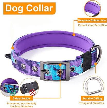 Annchwool Adjustable Dog Collar and 5 FT Leash Set with Heavy Duty Metal Buckle–Comfortable Lining Collar & Dual-Handles for Medium Large Dogs Walking, Running,Car Travel (Camo Purple Set,M:16''-21'')