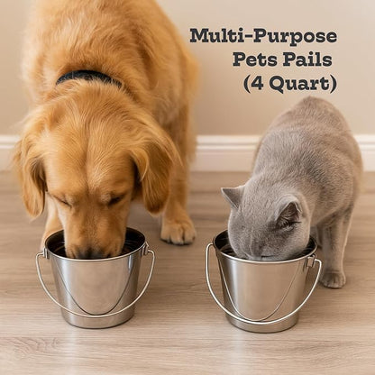 4 Quart Heavy Duty Stainless Steel Round Bucket with Handle | Fits Kennel Cage Critter Crates Farm use | Food & Water Pail for Dogs Cats Goat Pets | Livestock Multipurpose, Pack of 2