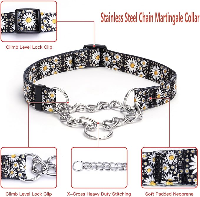 Martingale Dog Collar with Stainless Steel Chain - Limited Chain Cinch Training Collar for No Pull Training Dog - Flower Multicolor Cute Patterns - Premium No Slip Collar (L, Gold)