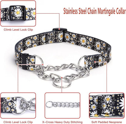 Martingale Dog Collar with Stainless Steel Chain - Limited Chain Cinch Training Collar for No Pull Training Dog - Flower Multicolor Cute Patterns - Premium No Slip Collar (L, Gold)